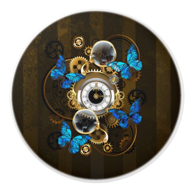 Steampunkgeere und blaue Schmetterlinge Keramikknauf (Vorderseite)