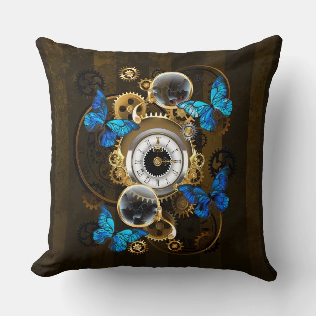 Steampunkgeere und blaue Schmetterlinge Kissen (Vorderseite)