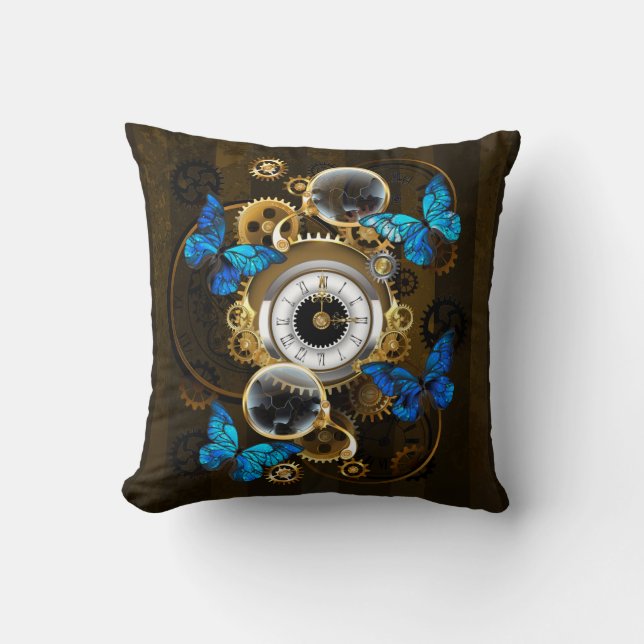Steampunkgeere und blaue Schmetterlinge Kissen (Vorderseite)