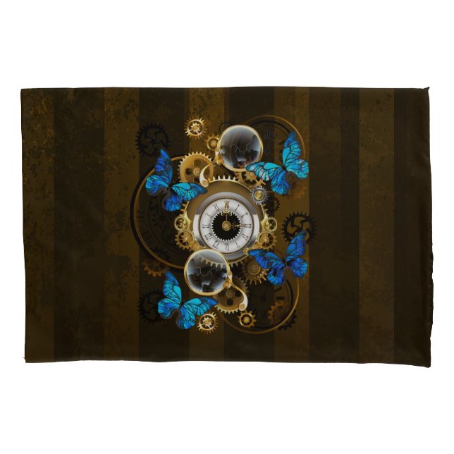 Steampunkgeere und blaue Schmetterlinge Kissenbezug (Vorderseite)