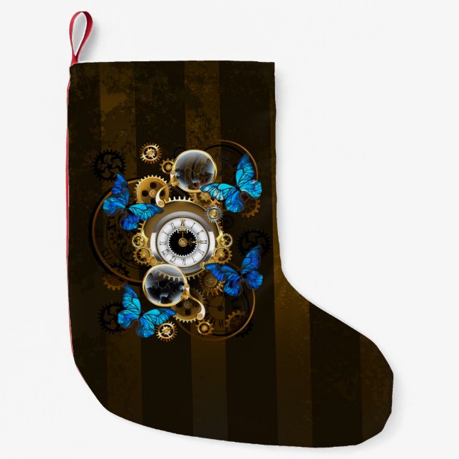 Steampunkgeere und blaue Schmetterlinge Kleiner Weihnachtsstrumpf (Vorderseite)