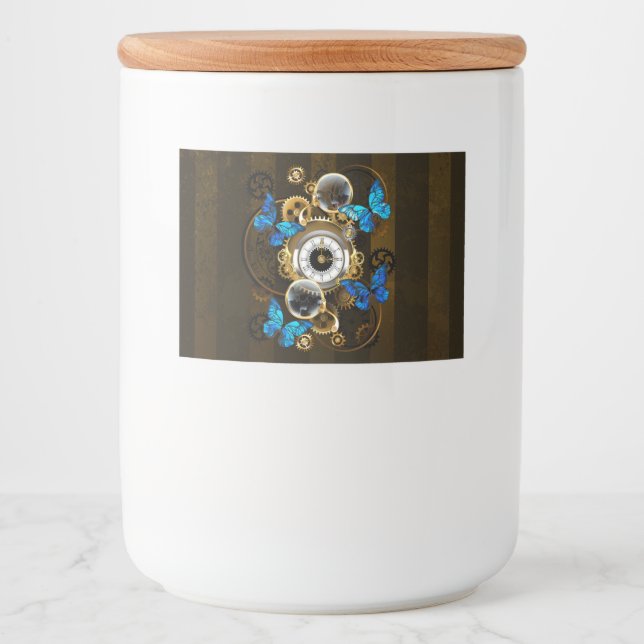 Steampunkgeere und blaue Schmetterlinge Lebensmitteletikett (Vorderseite)