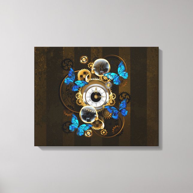 Steampunkgeere und blaue Schmetterlinge Leinwanddruck (Vorderseite)