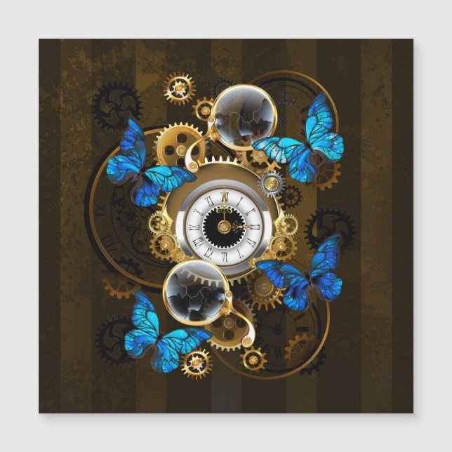 Steampunkgeere und blaue Schmetterlinge Magneteinladung (Vorderseite)