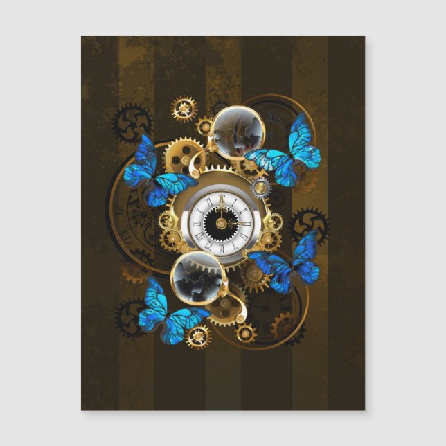 Steampunkgeere und blaue Schmetterlinge Magneteinladung (Vorderseite)