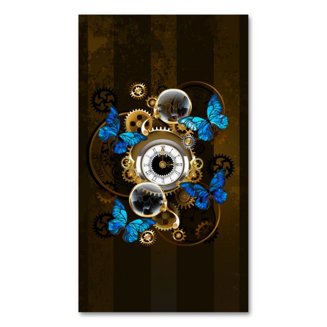 Steampunkgeere und blaue Schmetterlinge Magnetische Visitenkarte (Vorderseite Vertikal)