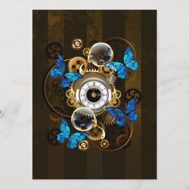 Steampunkgeere und blaue Schmetterlinge Menükarte (Vorderseite)