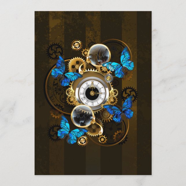 Steampunkgeere und blaue Schmetterlinge Menükarte (Vorderseite)
