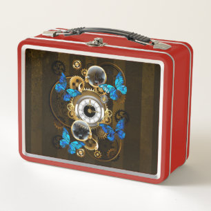 Steampunkgeere und blaue Schmetterlinge Metall Brotdose