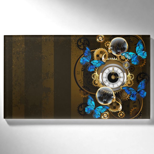 Steampunkgeere und blaue Schmetterlinge Namenschild (Vorderseite)