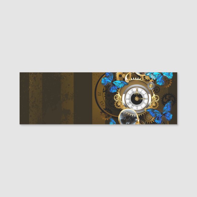 Steampunkgeere und blaue Schmetterlinge Namensschild (Vorderseite)