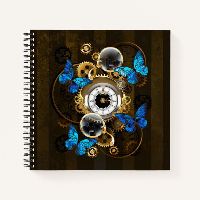 Steampunkgeere und blaue Schmetterlinge Notizbuch (Vorderseite)