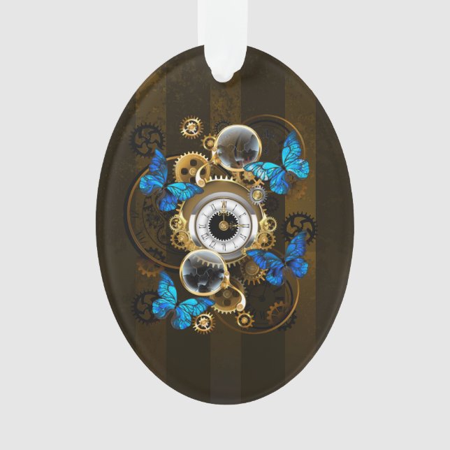 Steampunkgeere und blaue Schmetterlinge Ornament (Vorderseite)