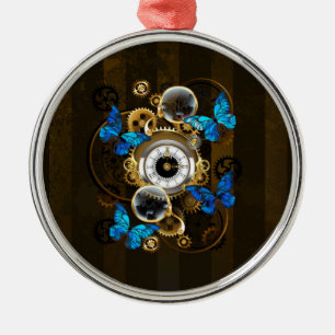 Steampunkgeere und blaue Schmetterlinge Ornament Aus Metall
