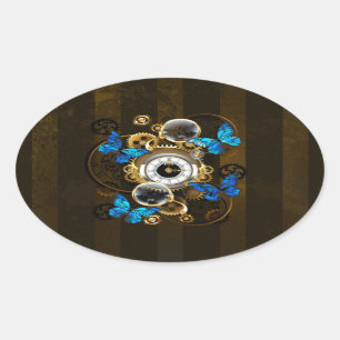 Steampunkgeere und blaue Schmetterlinge Ovaler Aufkleber