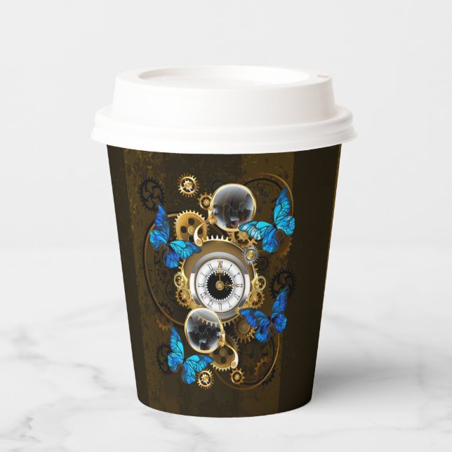 Steampunkgeere und blaue Schmetterlinge Pappbecher (Vorderseite)