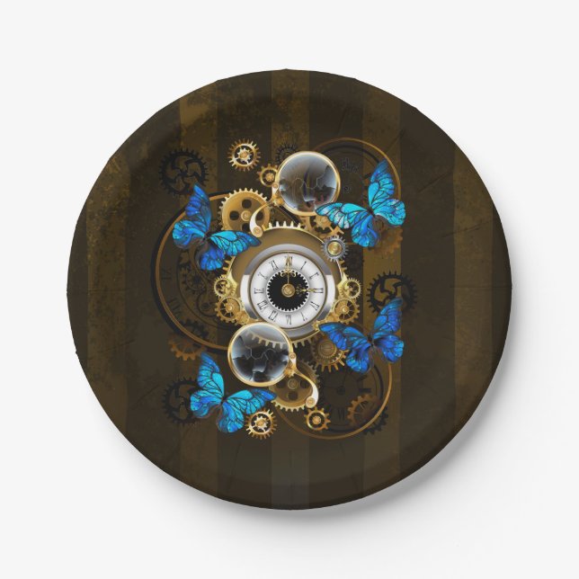 Steampunkgeere und blaue Schmetterlinge Pappteller (Vorderseite)