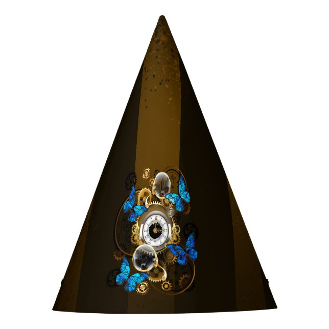 Steampunkgeere und blaue Schmetterlinge Partyhütchen (Vorderseite)
