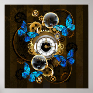 Steampunkgeere und blaue Schmetterlinge Poster