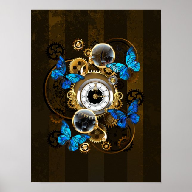 Steampunkgeere und blaue Schmetterlinge Poster (Vorne)