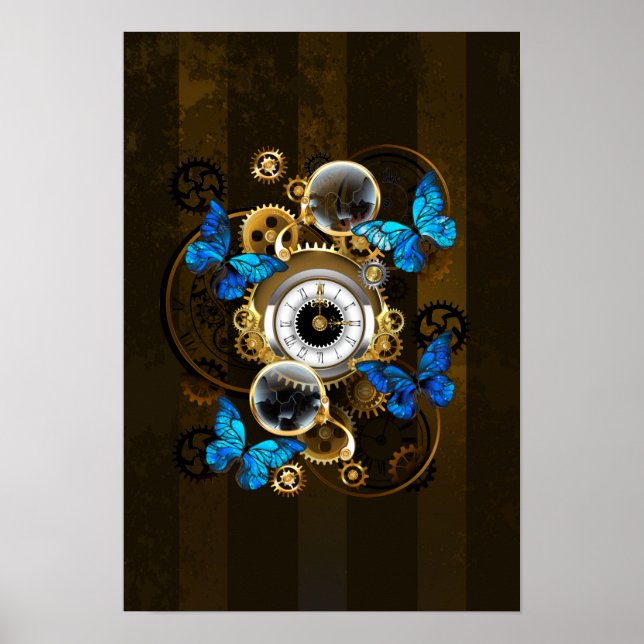 Steampunkgeere und blaue Schmetterlinge Poster (Vorne)