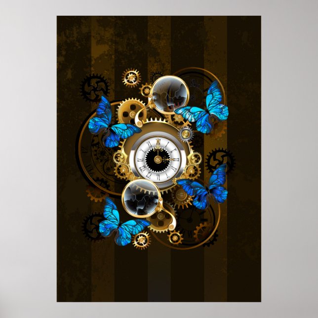 Steampunkgeere und blaue Schmetterlinge Poster (Vorne)