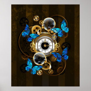 Steampunkgeere und blaue Schmetterlinge Poster