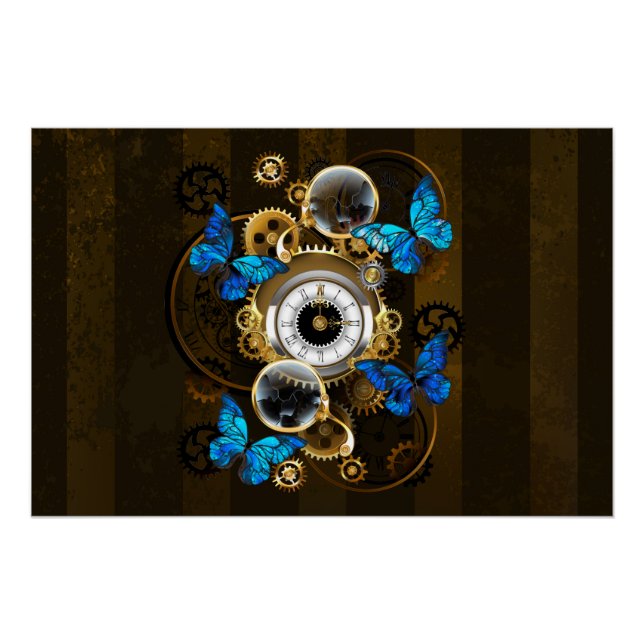 Steampunkgeere und blaue Schmetterlinge Poster (Vorderseite)