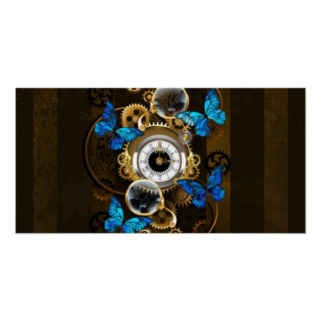 Steampunkgeere und blaue Schmetterlinge Poster (Vorderseite)
