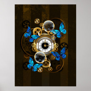 Steampunkgeere und blaue Schmetterlinge Poster