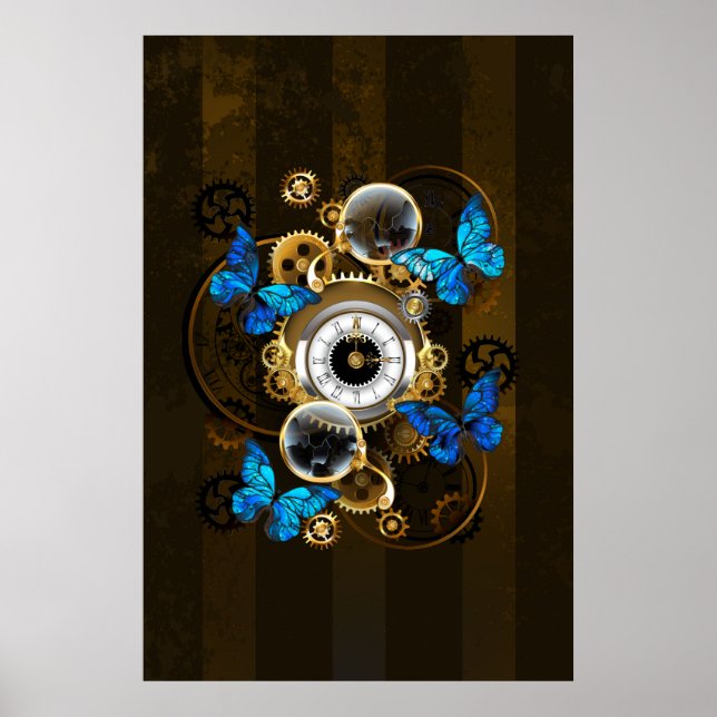 Steampunkgeere und blaue Schmetterlinge Poster (Vorne)