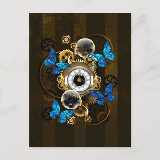 Steampunkgeere und blaue Schmetterlinge Postkarte (Vorderseite)