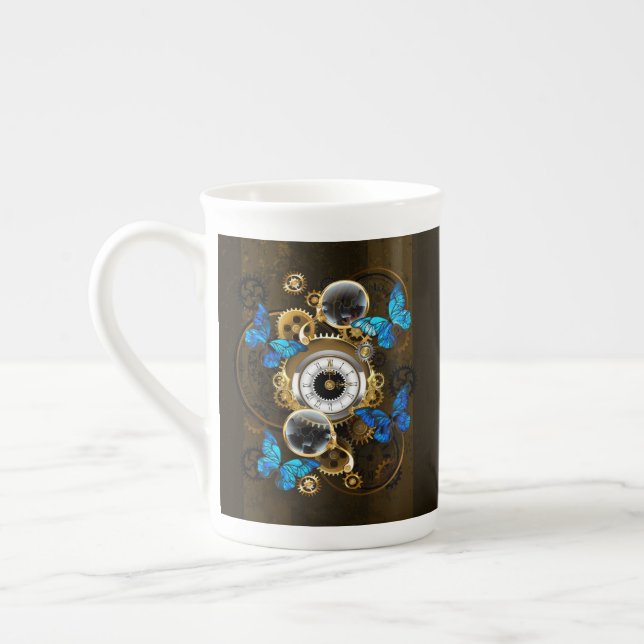Steampunkgeere und blaue Schmetterlinge Prozellantasse (Links)
