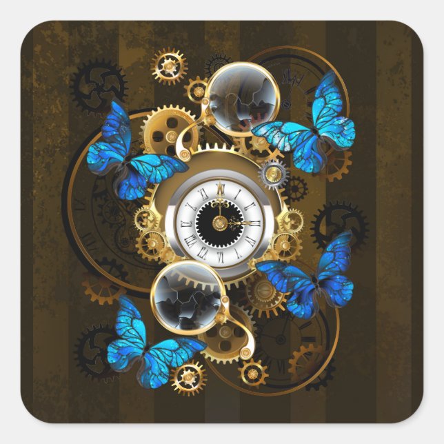 Steampunkgeere und blaue Schmetterlinge Quadratischer Aufkleber (Vorderseite)