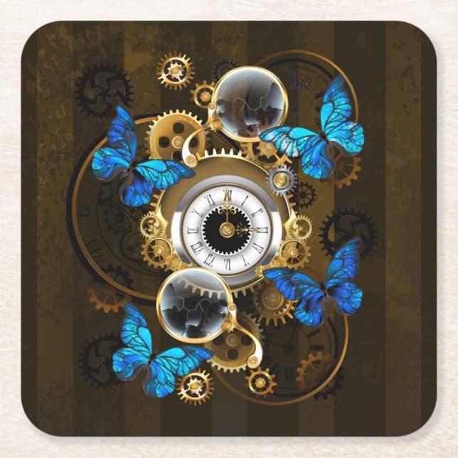Steampunkgeere und blaue Schmetterlinge Rechteckiger Pappuntersetzer (Vorderseite)