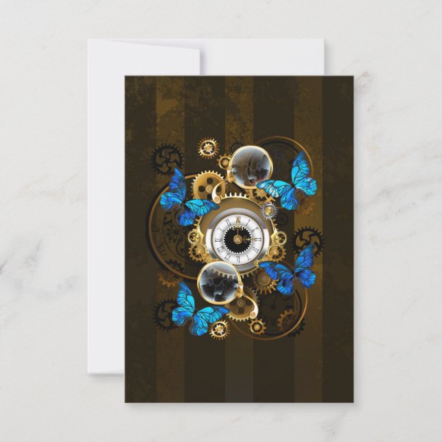 Steampunkgeere und blaue Schmetterlinge RSVP Karte (Vorderseite)