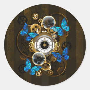 Steampunkgeere und blaue Schmetterlinge Runder Aufkleber