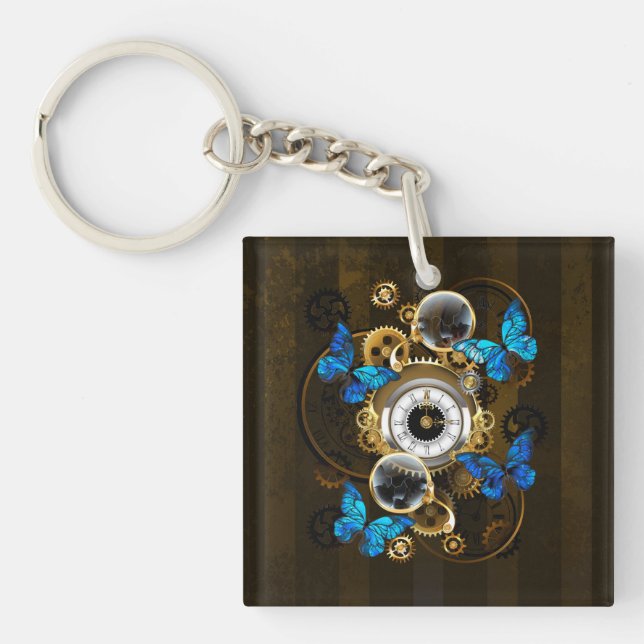 Steampunkgeere und blaue Schmetterlinge Schlüsselanhänger (Vorderseite)