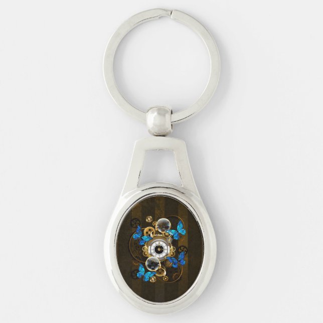 Steampunkgeere und blaue Schmetterlinge Schlüsselanhänger (Vorderseite)