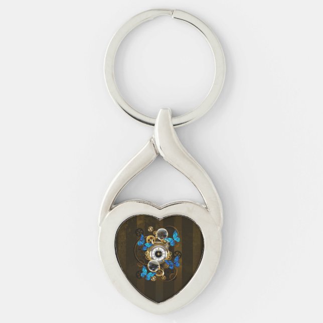 Steampunkgeere und blaue Schmetterlinge Schlüsselanhänger (Vorderseite)