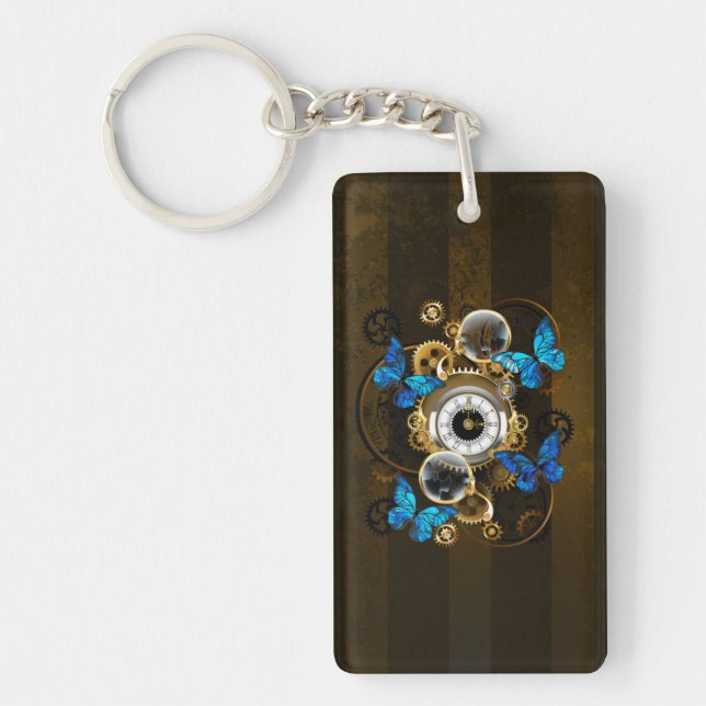 Steampunkgeere und blaue Schmetterlinge Schlüsselanhänger (Vorderseite)
