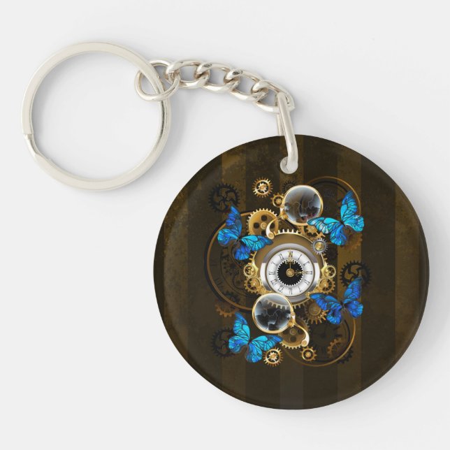 Steampunkgeere und blaue Schmetterlinge Schlüsselanhänger (Vorderseite)
