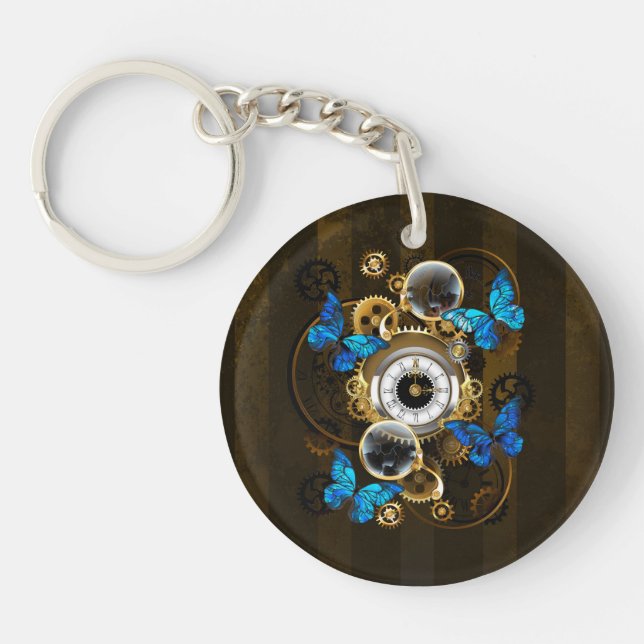 Steampunkgeere und blaue Schmetterlinge Schlüsselanhänger (Vorderseite)