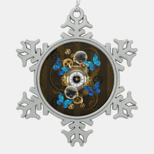 Steampunkgeere und blaue Schmetterlinge Schneeflocken Zinn-Ornament