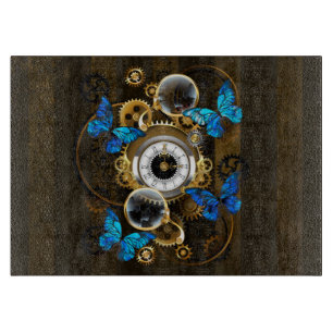 Steampunkgeere und blaue Schmetterlinge Schneidebrett