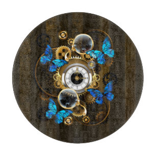 Steampunkgeere und blaue Schmetterlinge Schneidebrett