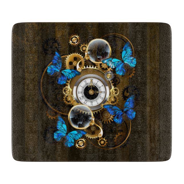 Steampunkgeere und blaue Schmetterlinge Schneidebrett (Vorderseite)