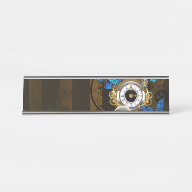Steampunkgeere und blaue Schmetterlinge Schreibtischnamensplakette (Vorderseite )