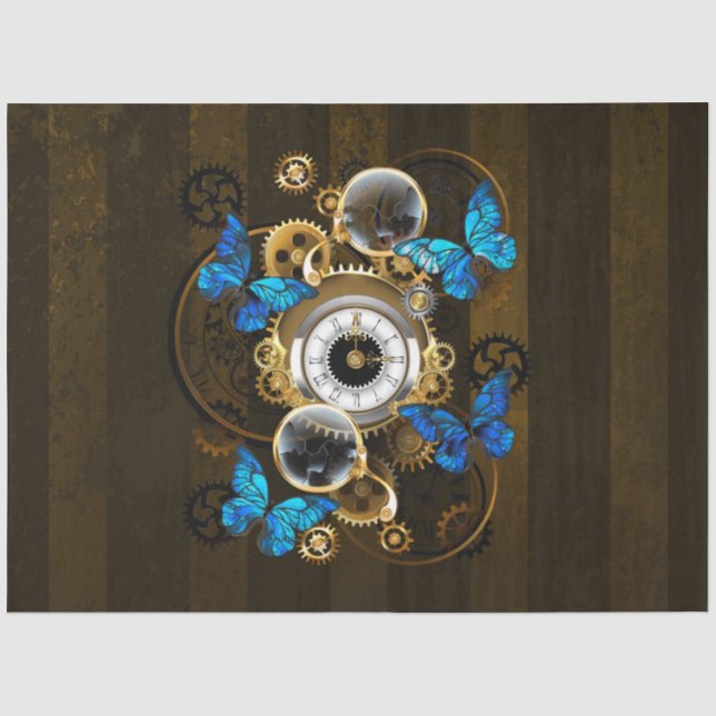 Steampunkgeere und blaue Schmetterlinge Seidenpapier (Vorderseite)