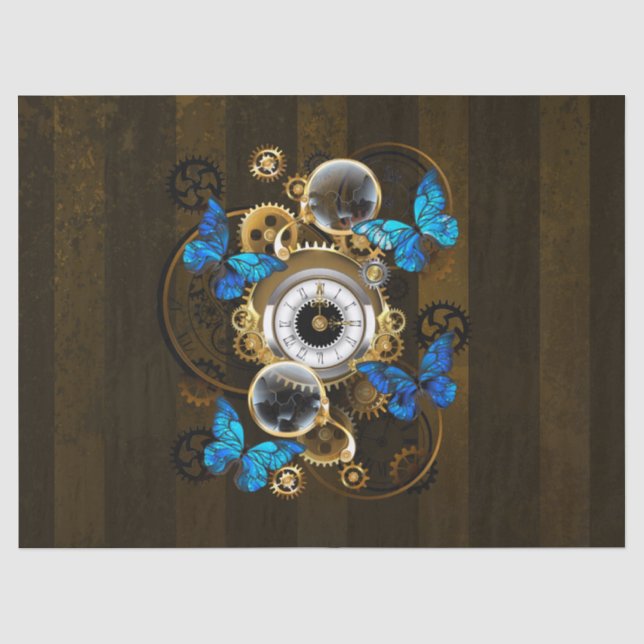 Steampunkgeere und blaue Schmetterlinge Seidenpapier (Vorderseite)